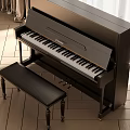 Black Upright Piano With Leather Bench In Room With Wooden Floor And Curtains