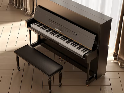 Black Upright Piano With Leather Bench In Room With Wooden Floor And Curtains 3d model