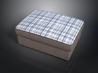 Stylish Ottoman Furniture With Gray Fabric Body And Blue White Plaid Cushion Top 3d model