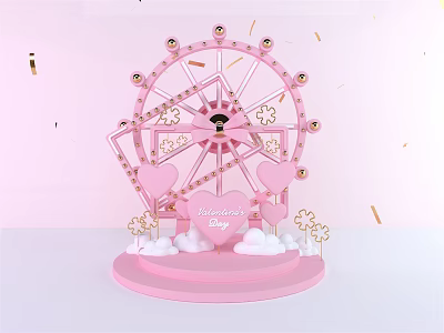 Pink Ferris Wheel Decoration With Hearts Clouds And Golden Ornaments For Valentine's Day 3d model