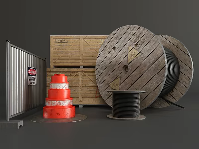 Public Facilities Including Traffic Cones Wooden Crates Cable Reels And Metal Barriers 3d model