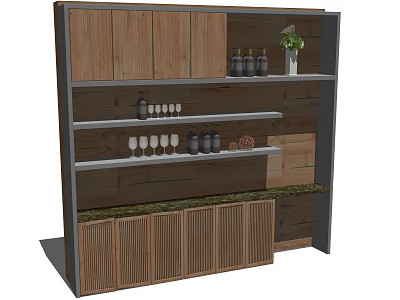 Modern Wooden Wine Cabinet With Multiple Shelves Wine Bottles Glasses And Decorative Plant 3d model