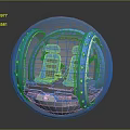 Spherical Transparent Cockpit With Two Blue Seats And Metallic Frame Interior Design