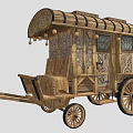 Vintage Wooden Carriage Featuring Decorative Roof Beams Spoked Wheels And Ornate Panels