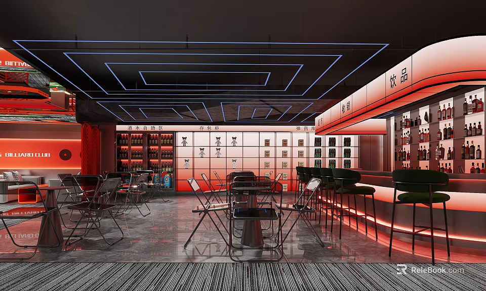 Modern Bar Interior with Neon Lights Bar Counter Wine Racks Tables and Chairs 3d model 