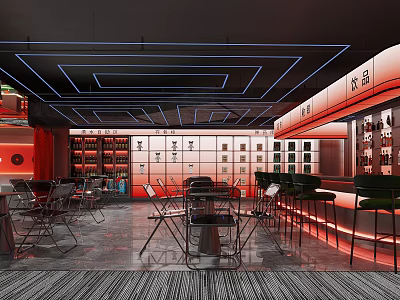 Modern Bar Interior with Neon Lights Bar Counter Wine Racks Tables and Chairs 3d model