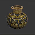 Elegant Dark Blue Vase With Intricate Gold Patterns And Gold Rim