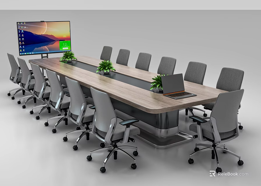 Modern Conference Table With Wooden Top Office Chairs Large Monitor Laptop Green Plants 3d model 