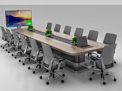 Modern Conference Table With Wooden Top Office Chairs Large Monitor Laptop Green Plants 3d model
