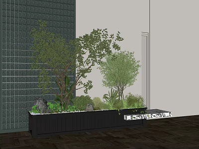 Diverse Plant Combination with Small Trees Shrubs Rocks in Black Planter Box and Grey Wall 3d model