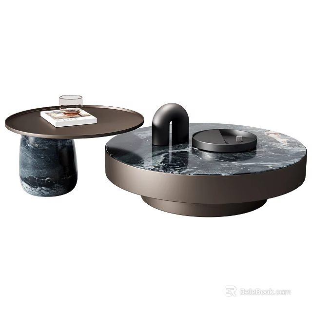 Modern Round Marble Top Coffee Tables With Metal Base And Magazine On Surface 3d model 