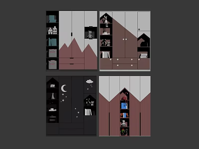 Modern Wardrobe Design With Geometric Patterns House Shaped Accents And Storage Drawers 3d model