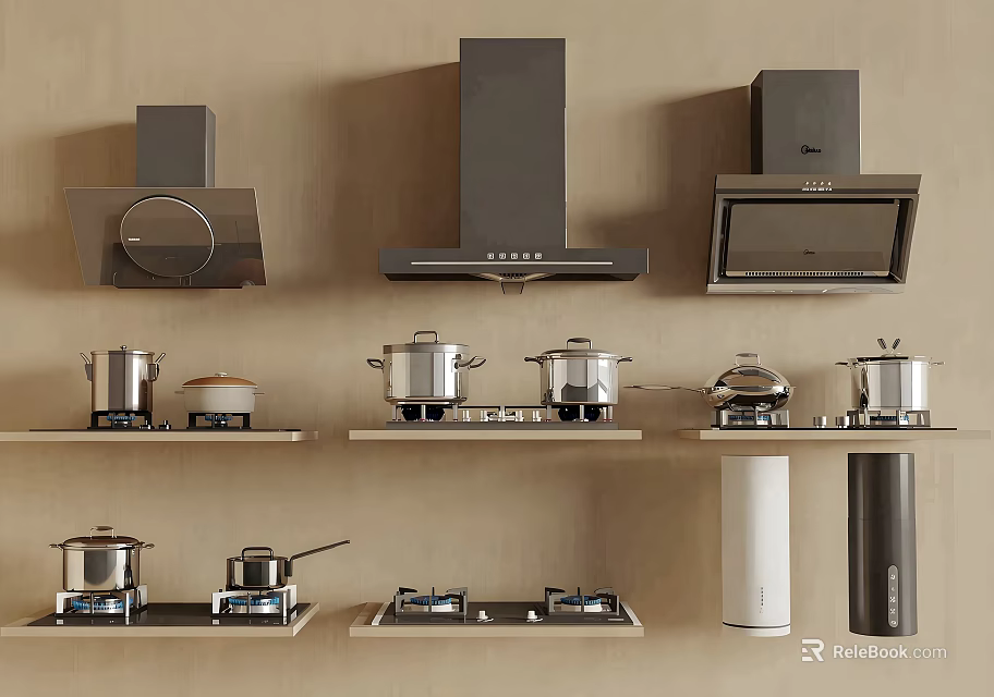 Different Types of Kitchen Appliances Including Range Hoods Pots Gas Stoves and Cylindrical Units 3d model 