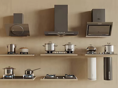 Different Types of Kitchen Appliances Including Range Hoods Pots Gas Stoves and Cylindrical Units 3d model