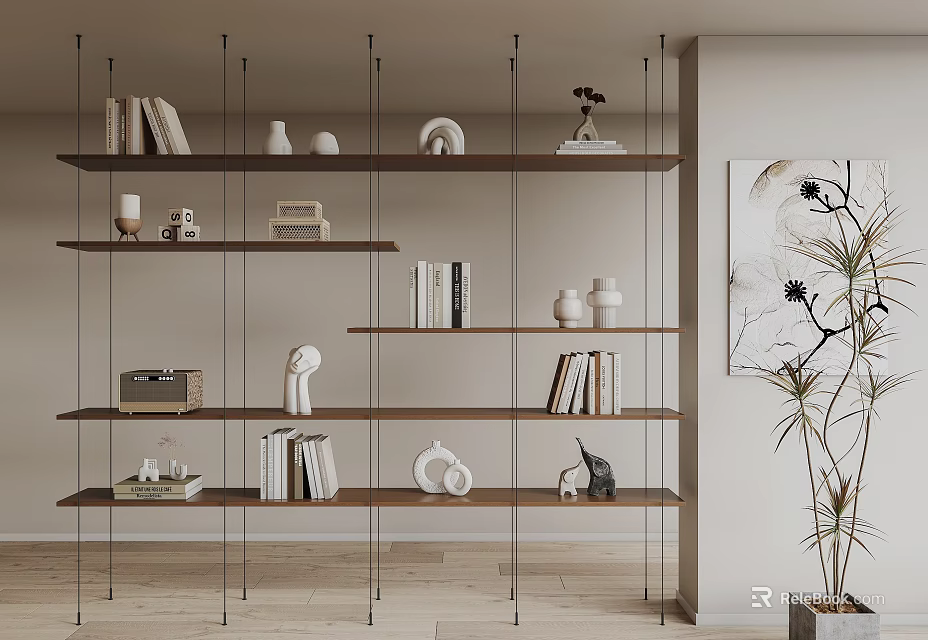 Modern Multi Layered Wooden Shelf Interior With Books Decorative Items And Sculptures 3d model 