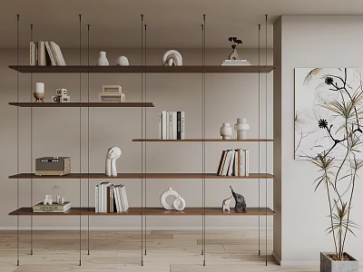 Modern Multi Layered Wooden Shelf Interior With Books Decorative Items And Sculptures 3d model