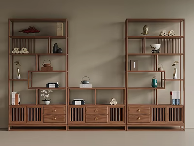 Traditional Chinese Wooden Curio Shelves With Drawers Vases Books And Decorative Items 3d model