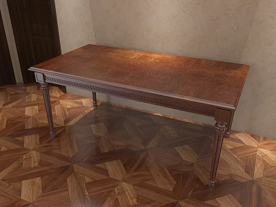 Elegant Wooden Dining Table With Carved Legs And Polished Surface On Parquet Floor 3d model