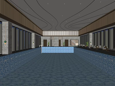 Spacious Indoor Swimming Pool With Large Windows Curved Ceiling And Lounge Area 3d model