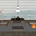 Japanese Style Tea Table Interior With Wooden Chairs Hanging Lamp Cherry Blossom And Brown Cushion