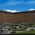 Traditional Chinese Architecture Courtyard With Wooden Structure Green Plants Stones And Blue Sky White Clouds
