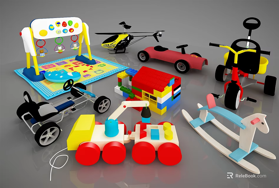Colorful Electric Toys Collection Including Cars Helicopters Building Blocks Rocking Horse And Ride On Models 3d model 