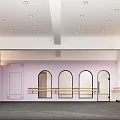 Dance School Studio With Arch Windows Ballet Barres Gray Flooring And Pink Dark Walls