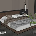 Modern Brown Leather Double Bed In Bedroom With Nightstand Lamp And Green Plants