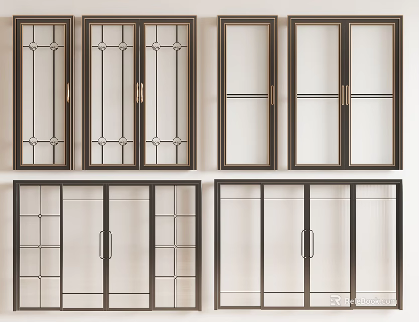 Stylish Sliding Doors with Modern Frame Designs and Glass Panel Patterns 3d model