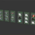 Grey Industrial Equipment Units With Multiple Shelves And Colored Indicator Balls Arranged In A Row