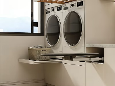 Modern Laundry Room With Stacked Washer Dryer Countertop And Wicker Basket 3d model