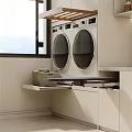Modern Laundry Room With Stacked Washer Dryer Countertop And Wicker Basket