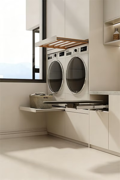 Modern Laundry Room With Stacked Washer Dryer Countertop And Wicker Basket 3d model