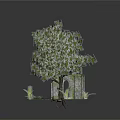 Natural Outdoor Garden Scene With Large Tree Stone Pillars Grass And Small Plants
