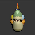 Cute 3D Green Fish Creature Character With Blue Eyes Sharp Teeth And Flame Details
