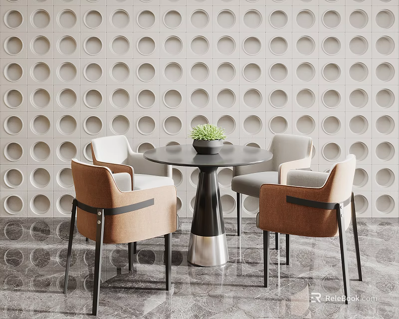 Modern Round Table And Chairs Set With Brown Gray Seats Small Plant Circular Hole Wall 3d model 