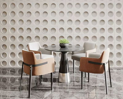 Modern Round Table And Chairs Set With Brown Gray Seats Small Plant Circular Hole Wall 3d model