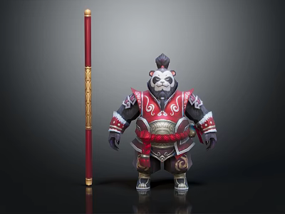 Panda Warrior Character in Red and Gold Armor with Decorated Staff 3d model