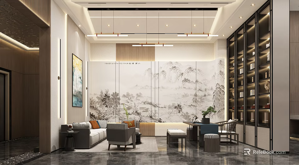 Modern Elegant Clubhouse Interior With Landscape Painting Sofa Bookshelf And Chandelier 3d model 