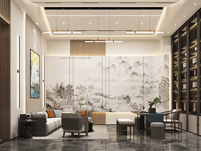 Modern Elegant Clubhouse Interior With Landscape Painting Sofa Bookshelf And Chandelier 3d model