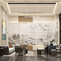Modern Elegant Clubhouse Interior With Landscape Painting Sofa Bookshelf And Chandelier