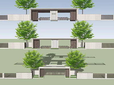 Modern Entrance Gate Design With Green Trees And White Surrounding Walls 3d model
