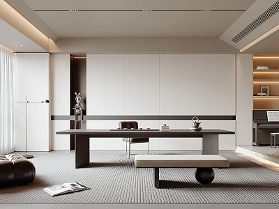 Modern Tea Room Interior Design With Long Table Chair Rug And Decorative Vase 3d model