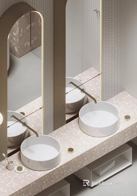Double White Washbasins In Modern Bathroom Interior With Pink Speckled Countertop And Mirror Design 3d model 