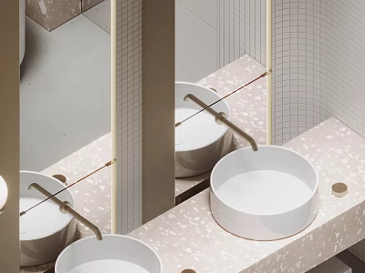 Double White Washbasins In Modern Bathroom Interior With Pink Speckled Countertop And Mirror Design 3d model