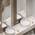 Double White Washbasins In Modern Bathroom Interior With Pink Speckled Countertop And Mirror Design