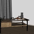Wooden Coffee Table With Rattan Detail In Bright Room With Natural Light And Decorative Items