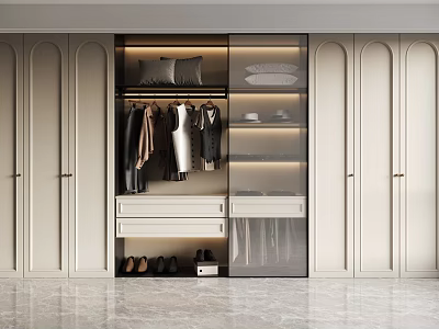 Modern Light Colored Wardrobe Interior With Glass Door Hanging Area Drawers And Shoe Storage 3d model