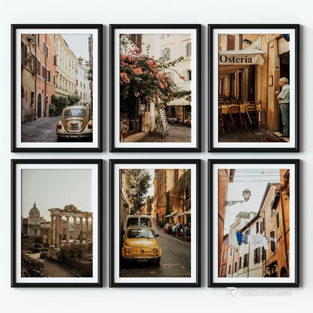 Black Photo Frames With Roman Street Scenes Vintage Car And Historic Architecture 3d model 