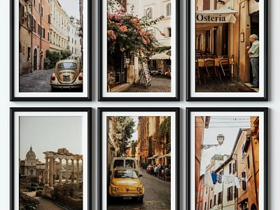 Black Photo Frames With Roman Street Scenes Vintage Car And Historic Architecture 3d model
